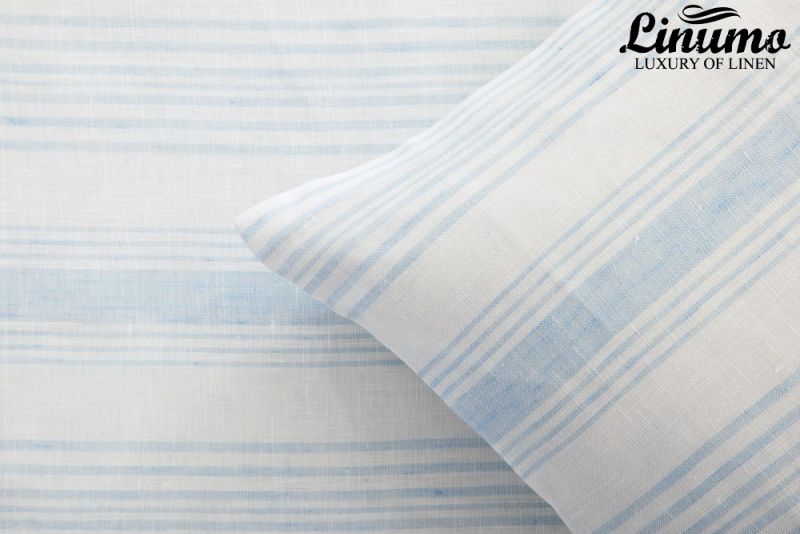 100% Linen Bedding Sheet LENNE Lightblue/White striped