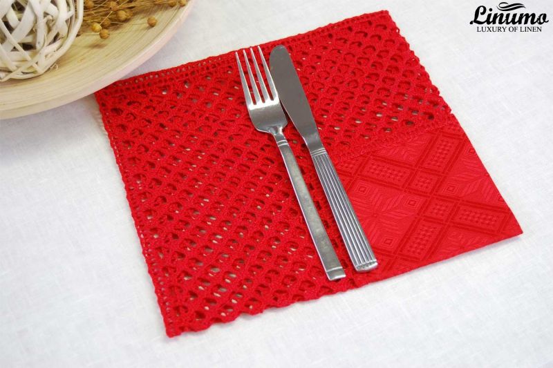 Beautiful crocheted linen napkin from 100% linen 45x45cm Red