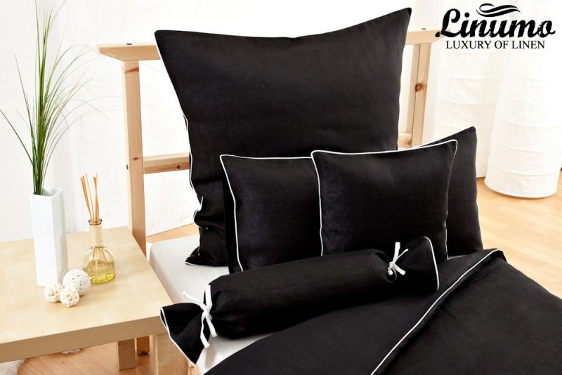 Bedding Set NAHE 100% Linen black with a white cord row 2PC