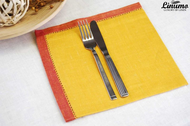 Classic linen napkin with a noble hemstitching 46x46cm yelow/red