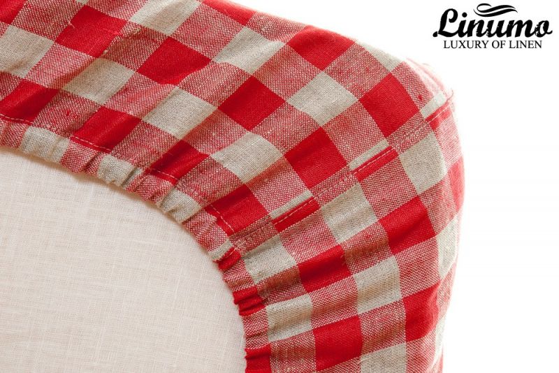 Elastic Bedding Sheet SPREE 100% Pure Linen Red Checked Color