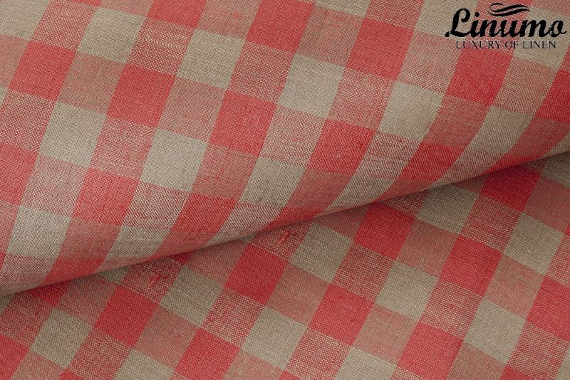 Elastic Bedding Sheet SPREE 100% Pure Linen Red Checked Color