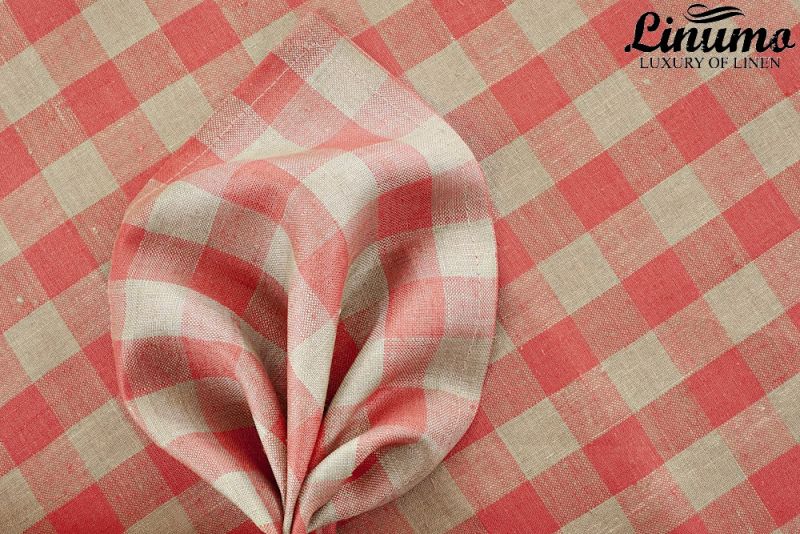 Elastic Bedding Sheet SPREE 100% Pure Linen Red Checked Color